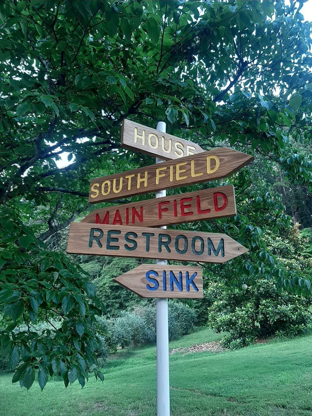 Handmade wooden direction signs pointing toward the house, south field, main field, restroom, and sink